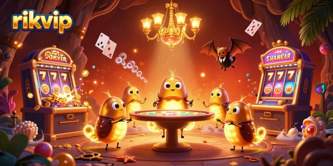 Play and win at rikvip with glowworms illuminating a vibrant cave casino scene filled with games and treasures.