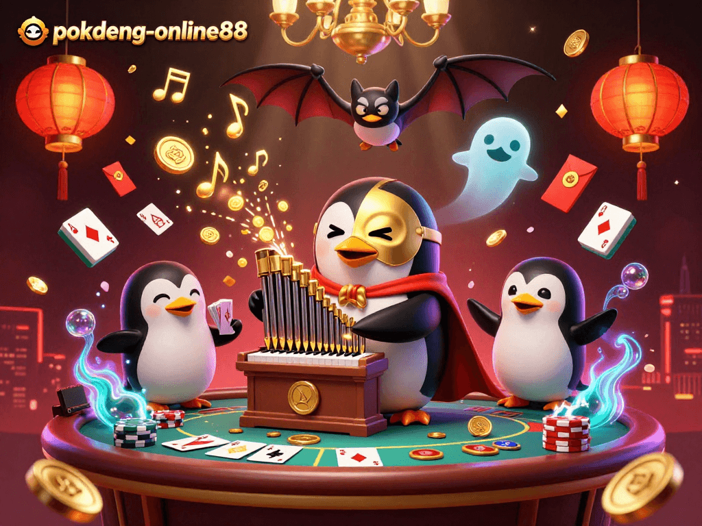 Experience thrilling poker action with pokdeng-online88 featuring a penguin organist amidst festive casino elements.