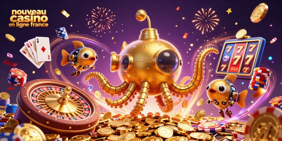 Illustration dynamique de nouveau casino en ligne France avec kraken, pièces d'or et cartes gagnantes.