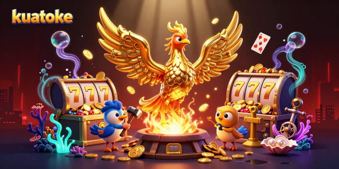 Kuatoke reveals a golden phoenix amidst vibrant casino elements, promoting thrilling gaming activities.