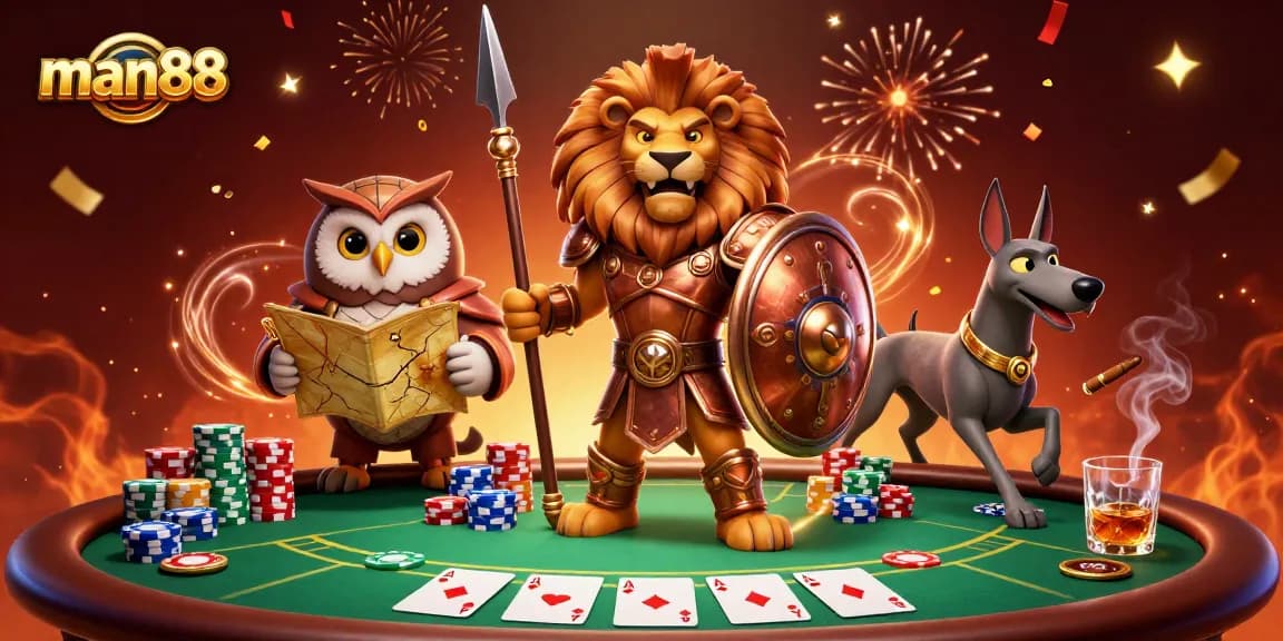 Experience thrilling poker action with man88, featuring a Spartan lion, owl strategist, and greyhound