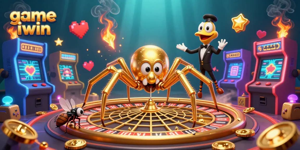 Engage in thrilling games with game iwin, as colorful casino elements surround an animated spider and croupier.