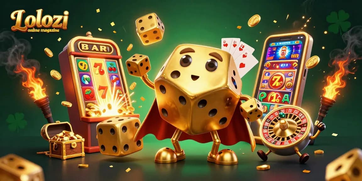 Lolozi online magazine showcases a dynamic 3D gambling scene with golden dice juggling, rich casino elements bursting around.