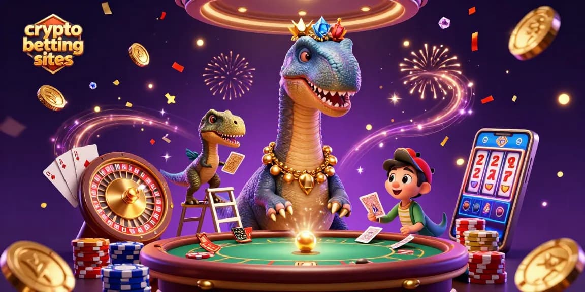Profitez des sites de paris crypto avec une illustration dynamique et amusante de dinosaures jouant aux cartes.