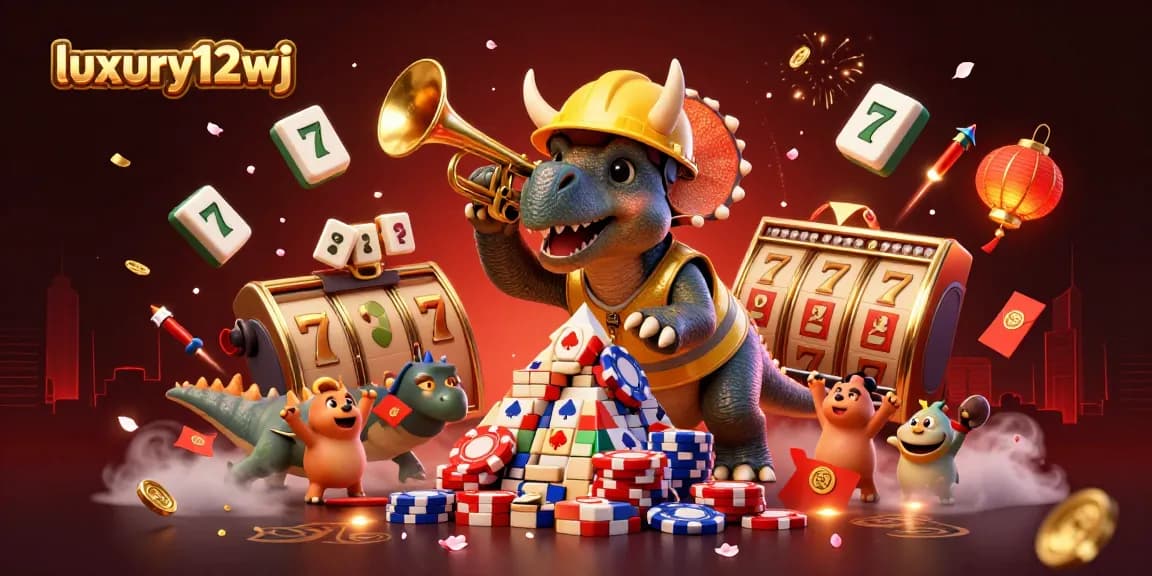 Celebrate wins at luxury12wj while a triceratops builds a poker chip pyramid amidst lively casino elements.