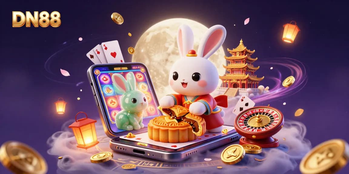 Experience thrilling gameplay with DN88's enchanting 3D illustration of captivating moon rabbits and casino elements.