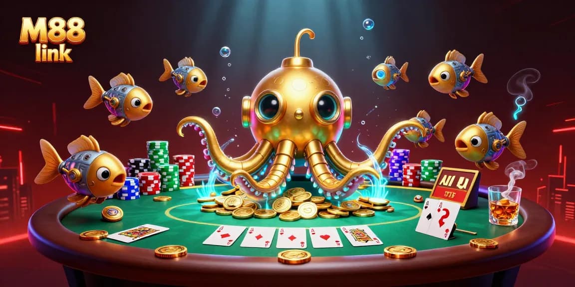 Engage with M88 link and dive into a vibrant 3D scene of casino excitement amidst poker elements.