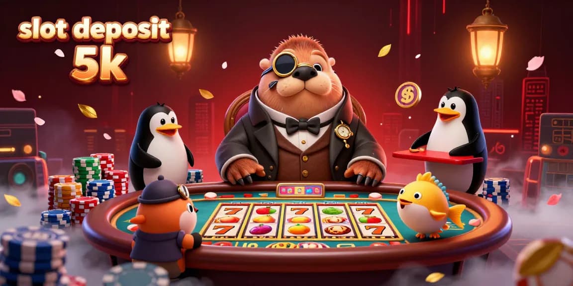 Win big with slot deposit 5k as a 3D walrus plays slots at an underwater casino table, surrounded by vibrant elements.