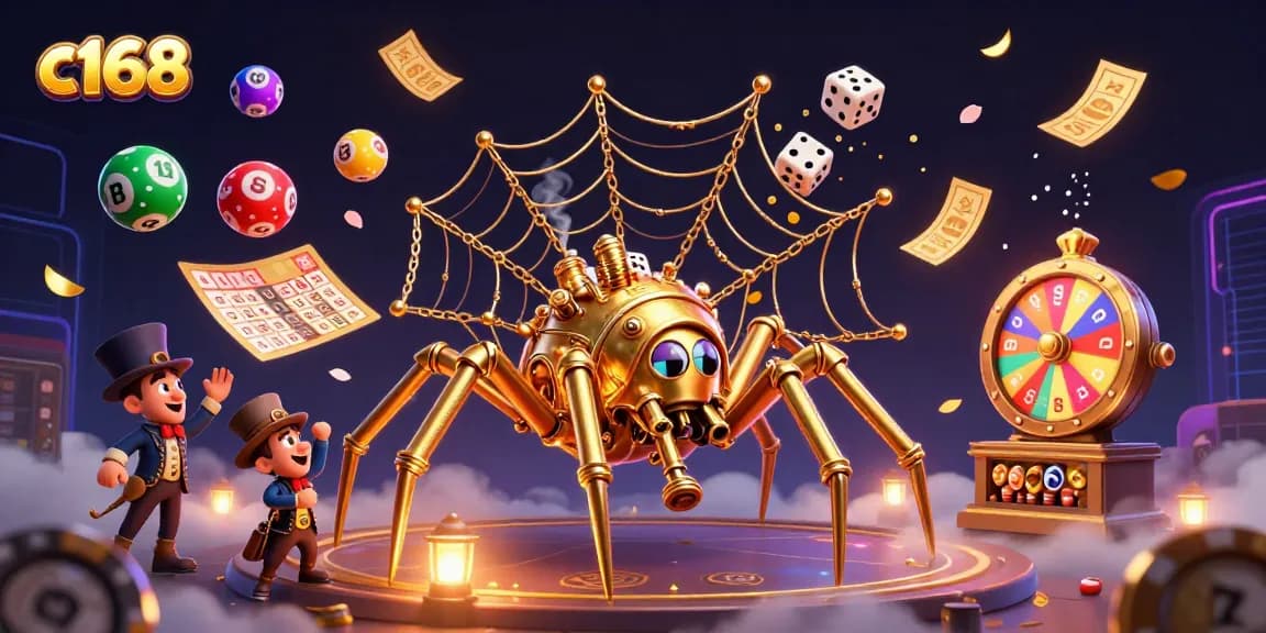 C168 brings luck with a steampunk spider webbing golden chains, vibrant lottery games, and dynamic casino elements.