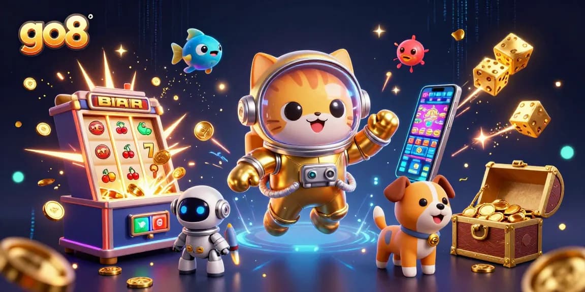 Experience excitement at go8 with a golden cat astronaut, robot dog, and jackpot slots exploding with winnings.