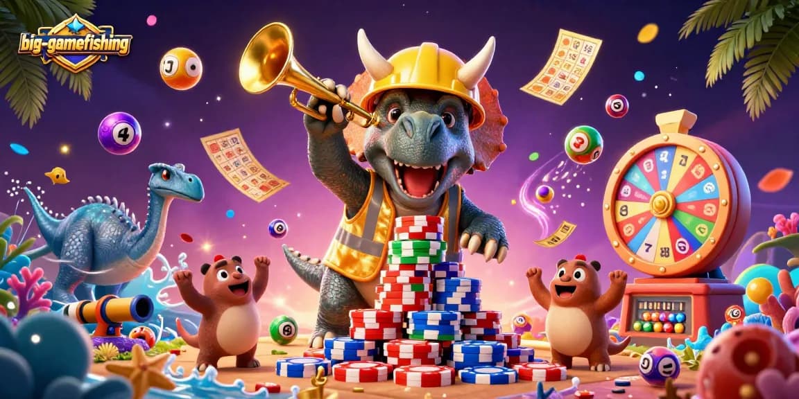 Engage in big-gamefishing with a lively 3D illustration featuring a triceratops and casino elements.