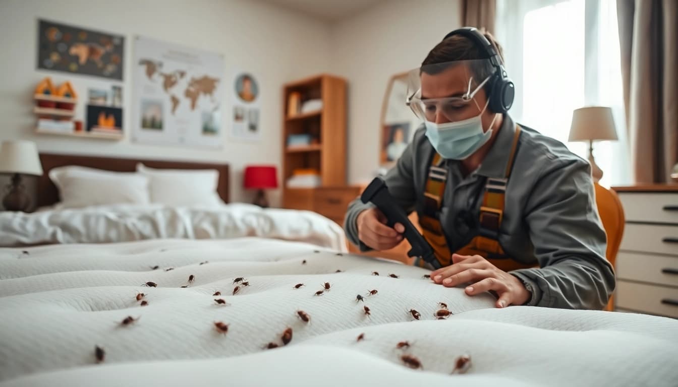 Inspecting bed bug control signs in a bedroom by a pest control expert.