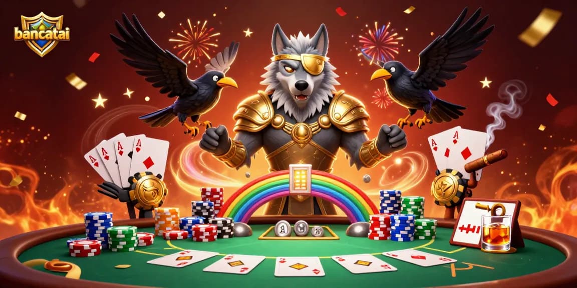 bancatai players strategizing at a vibrant casino scene with Odin and ravens, surrounded by poker elements.