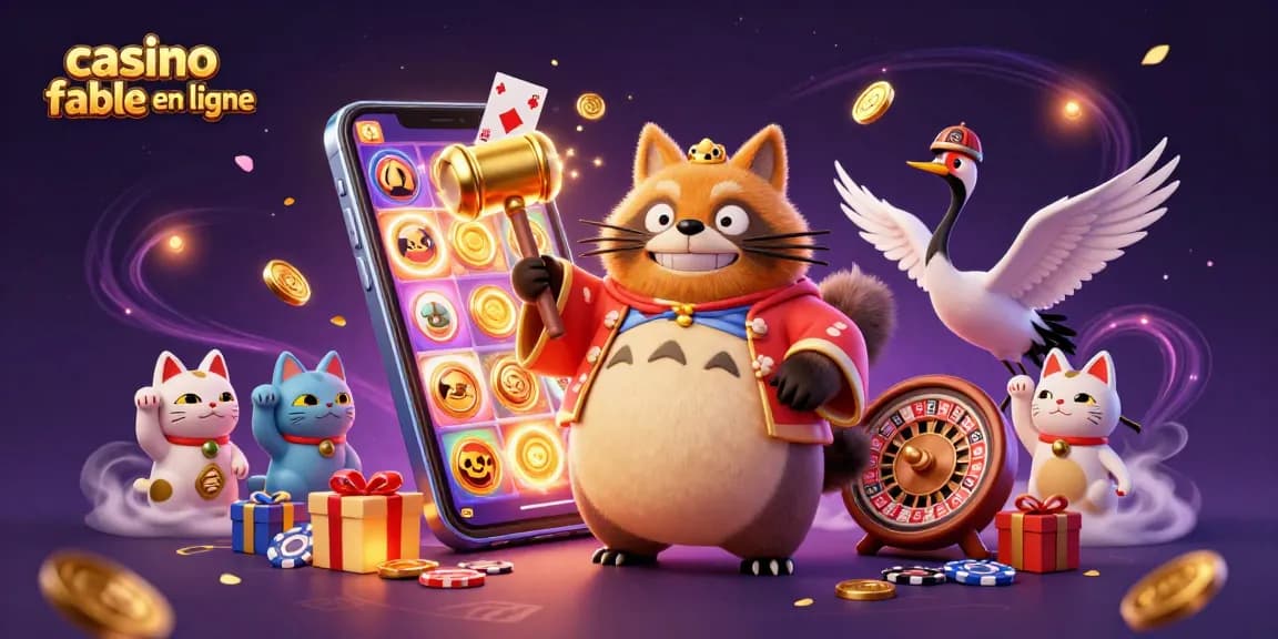 Illustration animée d'un casino fiable en ligne avec un tanuki et des jeux de cartes en arrière-plan.