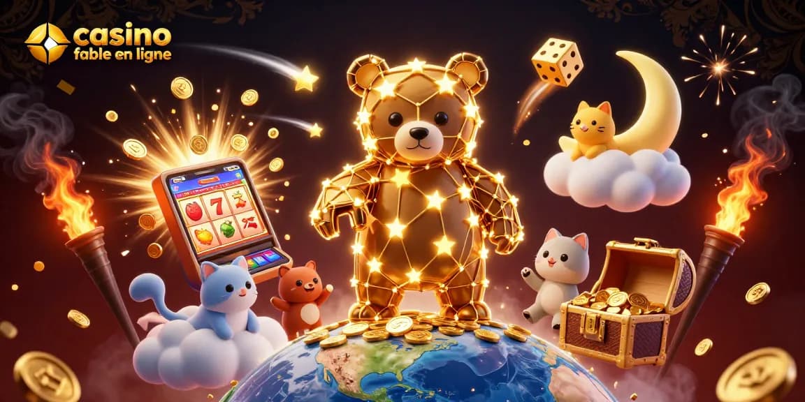 Jouez sur un casino fiable en ligne avec une illustration festive de jackpots et de jeux de casino animés.