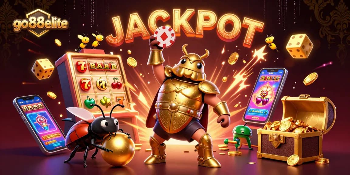 Experience the thrill of go88elite with a joyous 3D illustration showcasing a hercules beetle in golden armor and exciting casino elements.