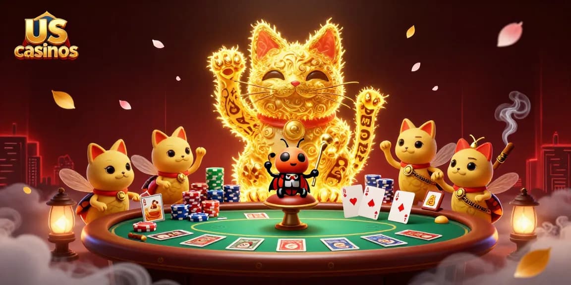 Experience winning strategies at us casinos with an illustrated lucky cat, poker chips, and more.