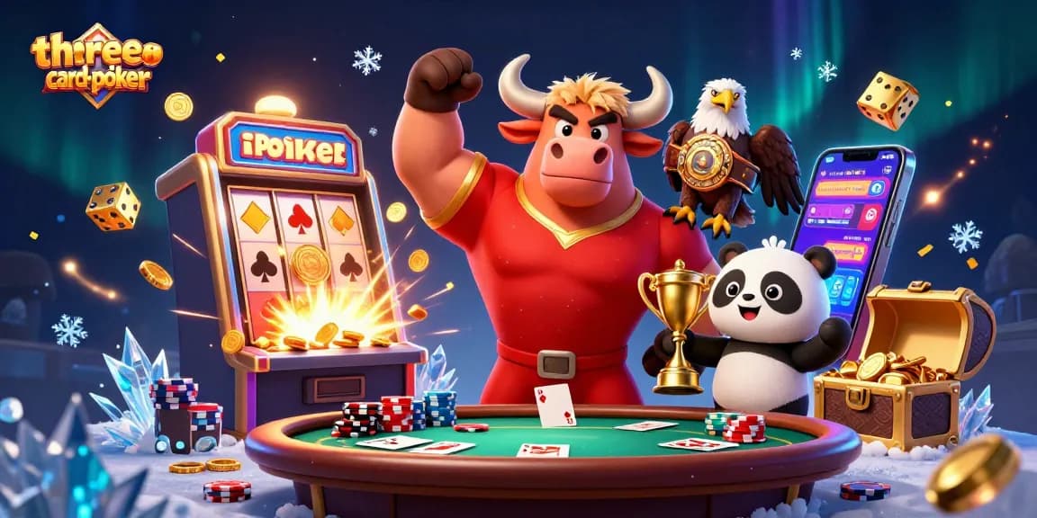 Engaging three-card-poker scene showcasing playful mascot characters with casino game elements in action.
