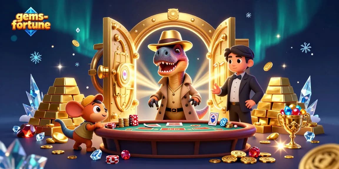 Play gems-fortune with velociraptor card counter and dinosaur pit boss in a vibrant casino scene