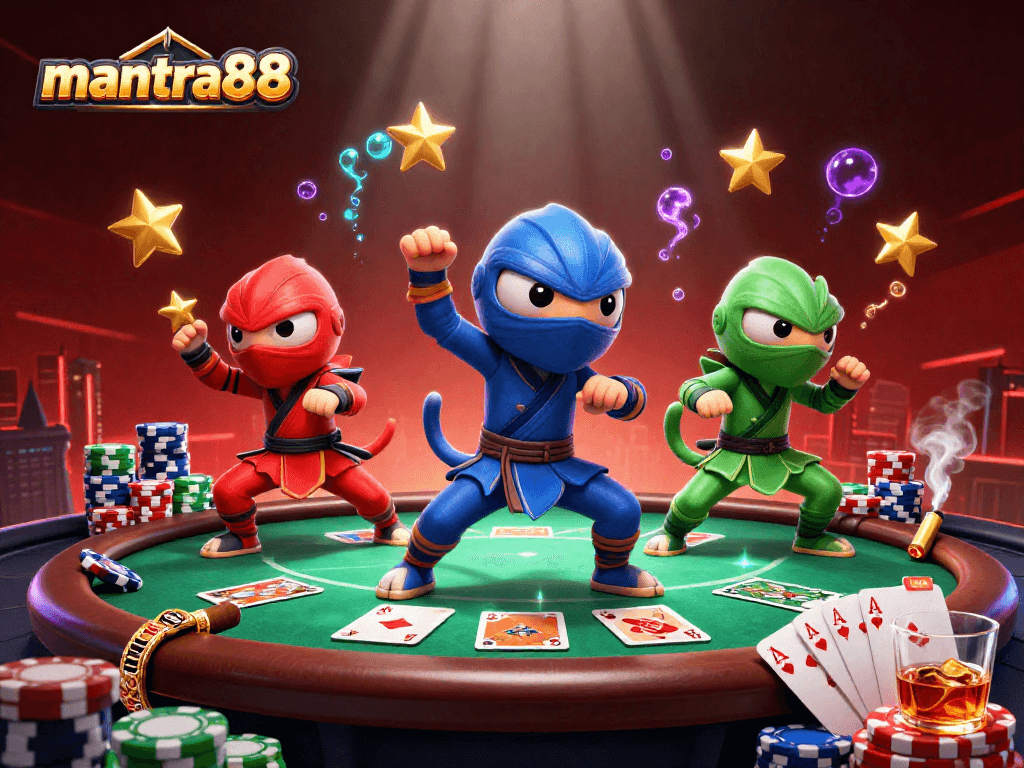 Synchronized poses of a colorful ninja chameleon team in a vibrant casino scene with mantra88 branding.