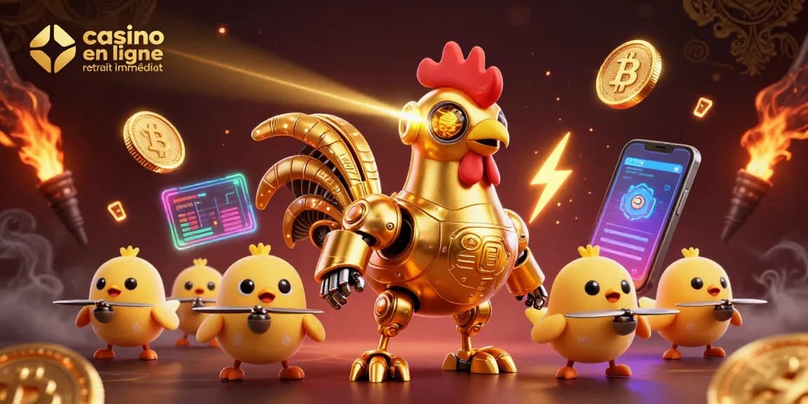 Entrez dans l'univers du casino en ligne retrait immédiat avec un robot coq doré et des pièces de crypto scintillantes.