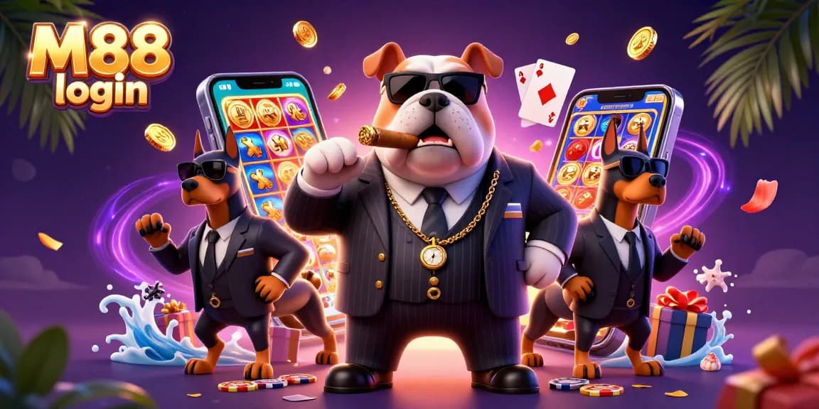 Experience thrilling M88 login action with 3D cartoon characters surrounded by vibrant casino elements.