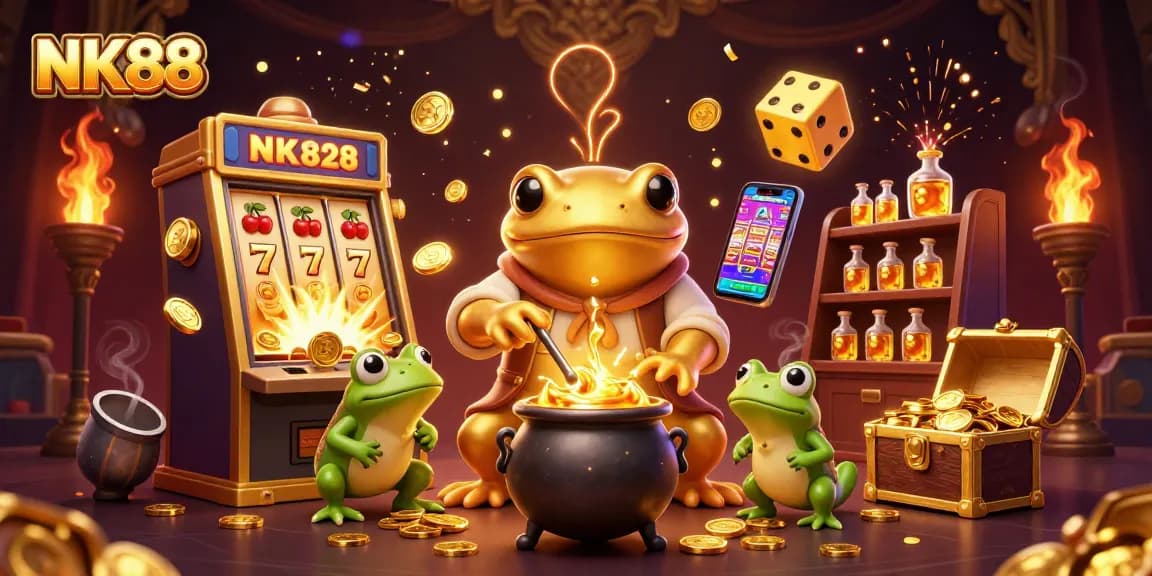 Win big with NK88 at a 3D casino scene featuring gold coins, vibrant slot machines, and dynamic game elements.