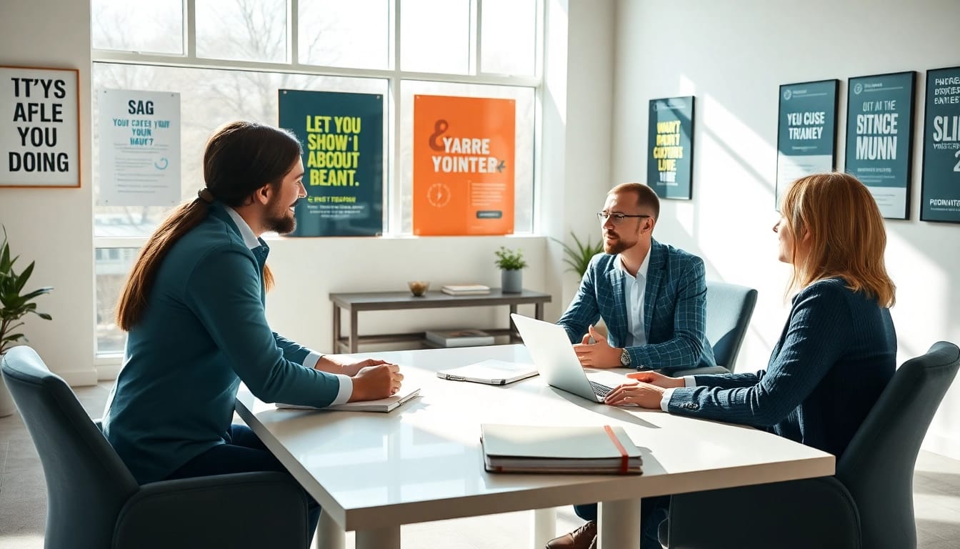 Career coaching session with a professional consultant guiding a client in a bright office.