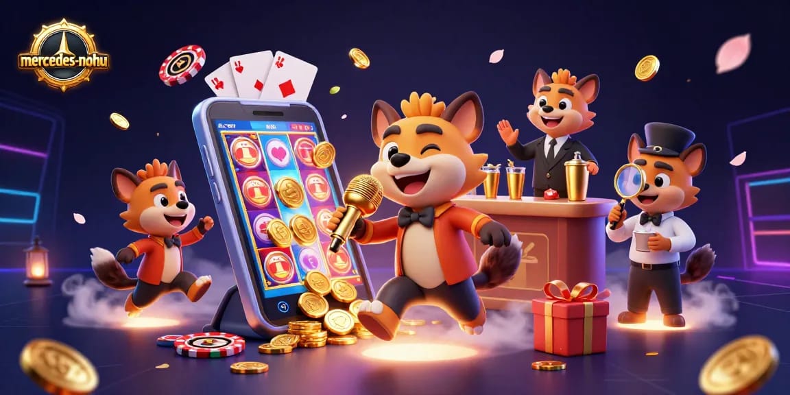 Join the laughter at the mercedes-nohu casino with 3D hyenas in a vibrant illustration featuring gaming action.