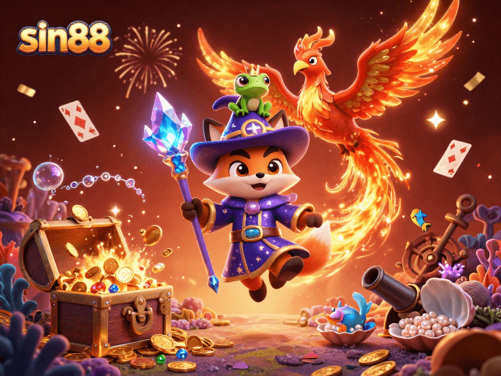 Experience thrilling gameplay with sin88's casino elements in vibrant 3D illustration.