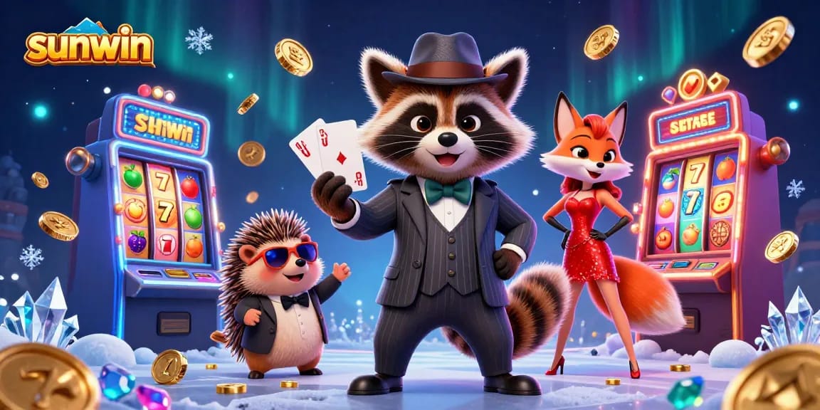 Win big with sunwin! A raccoon holding a royal flush, surrounded by colorful slot elements.