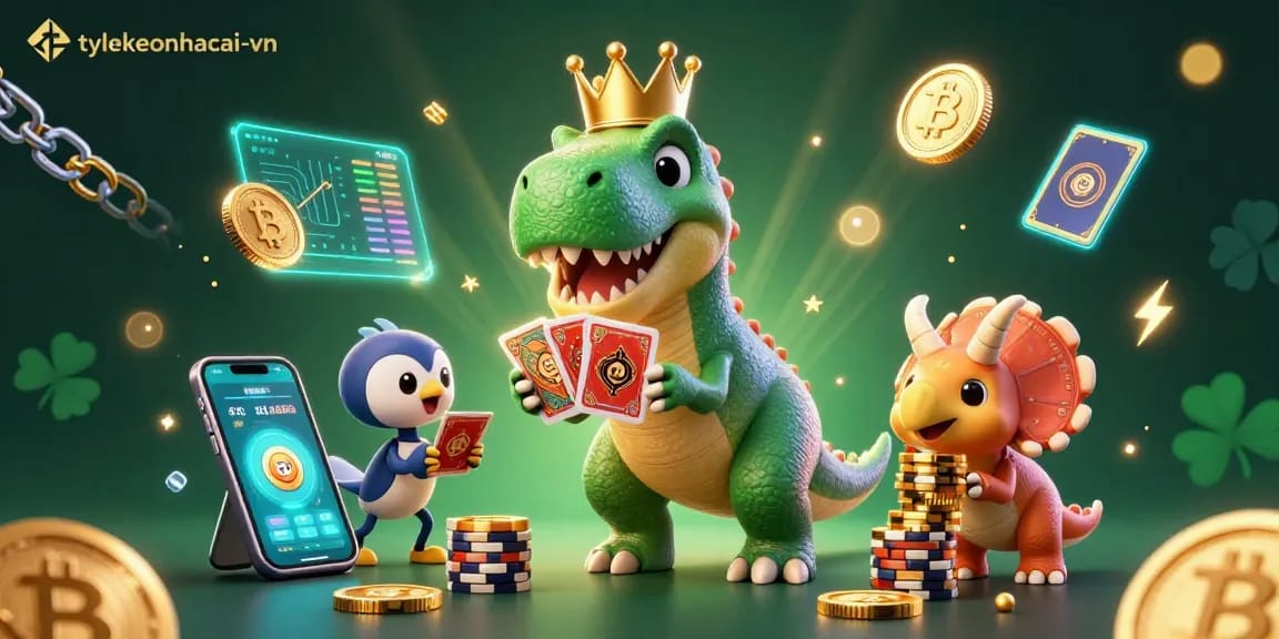 Engage with tylekeonhacai-vn's vibrant 3D casino scene showcasing a T-Rex playing cards.
