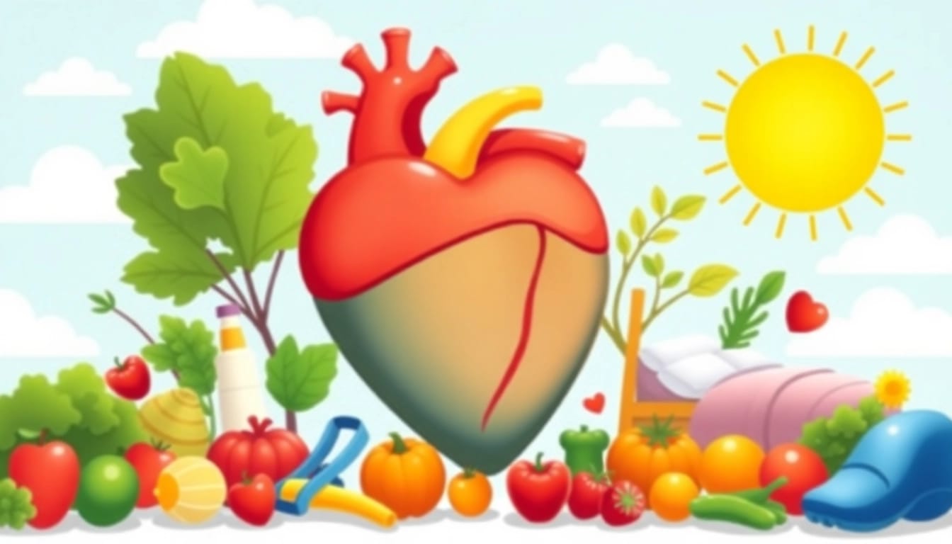 Engaging visual depicting Heart Health Tips with fresh vegetables, fruits, and exercise elements.