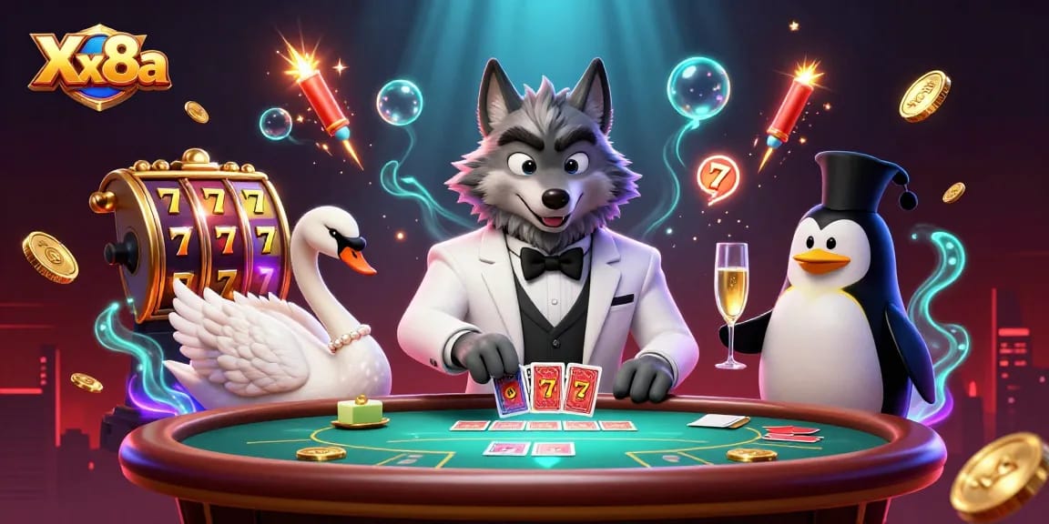 Experience dynamic gameplay at Xx8a casino with a vibrant illustration featuring a wolf, swan, and penguin.