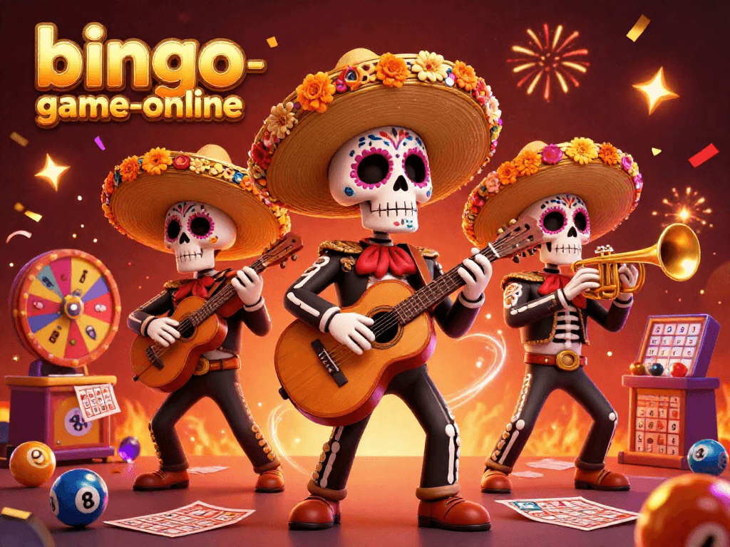 Engage in bingo-game-online with lively characters celebrating amidst vibrant bingo elements.