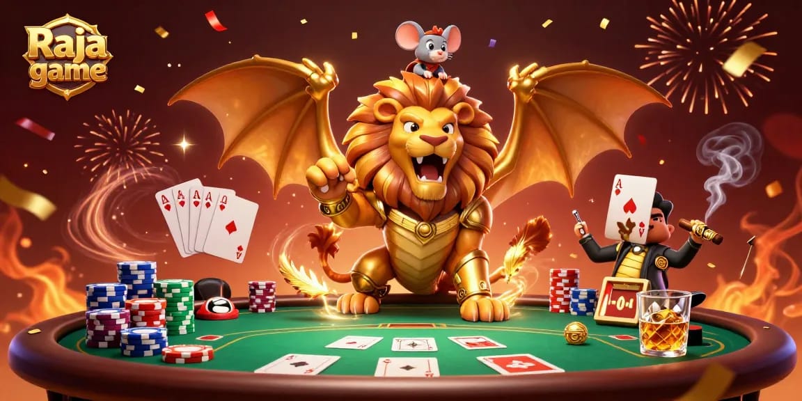 Play exciting poker games in Raja game with a triumphantly roaring chimera and vibrant casino elements.
