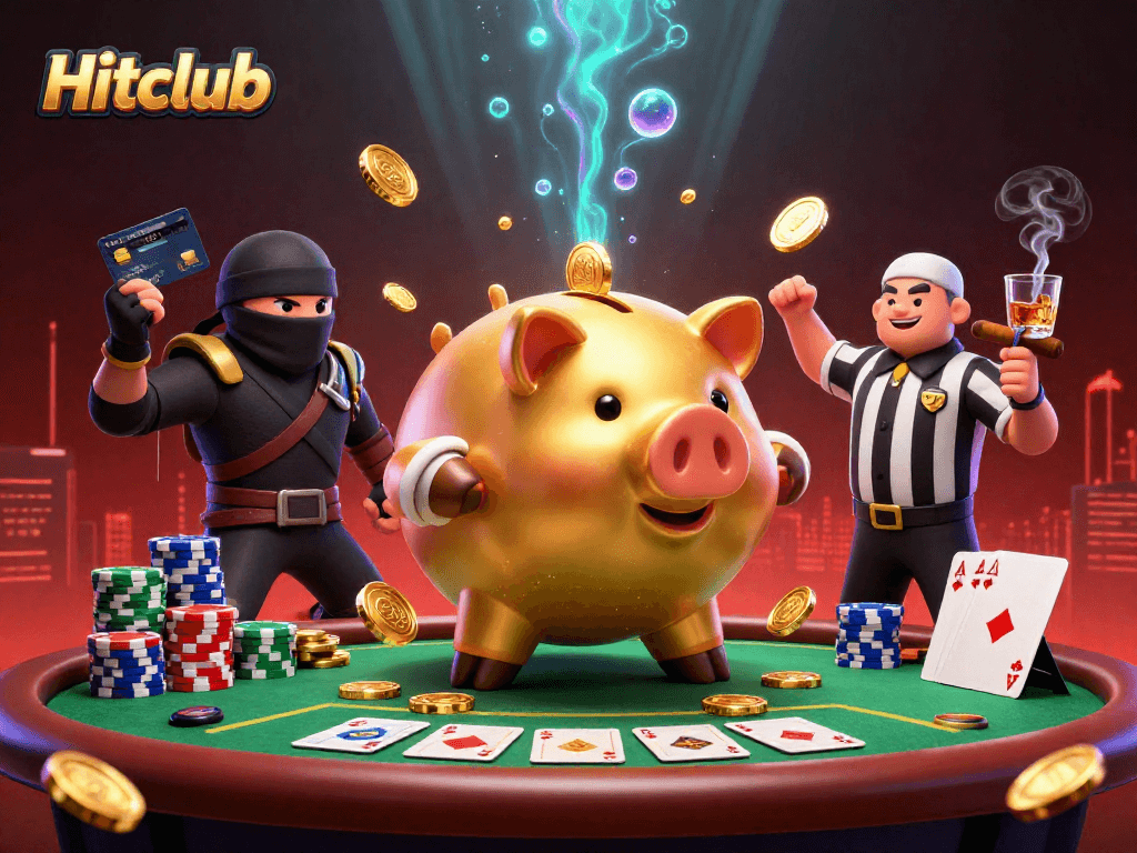 Hitclub features an energetic scene with a golden piggy bank sumo wrestler stomping coins alongside gaming elements.