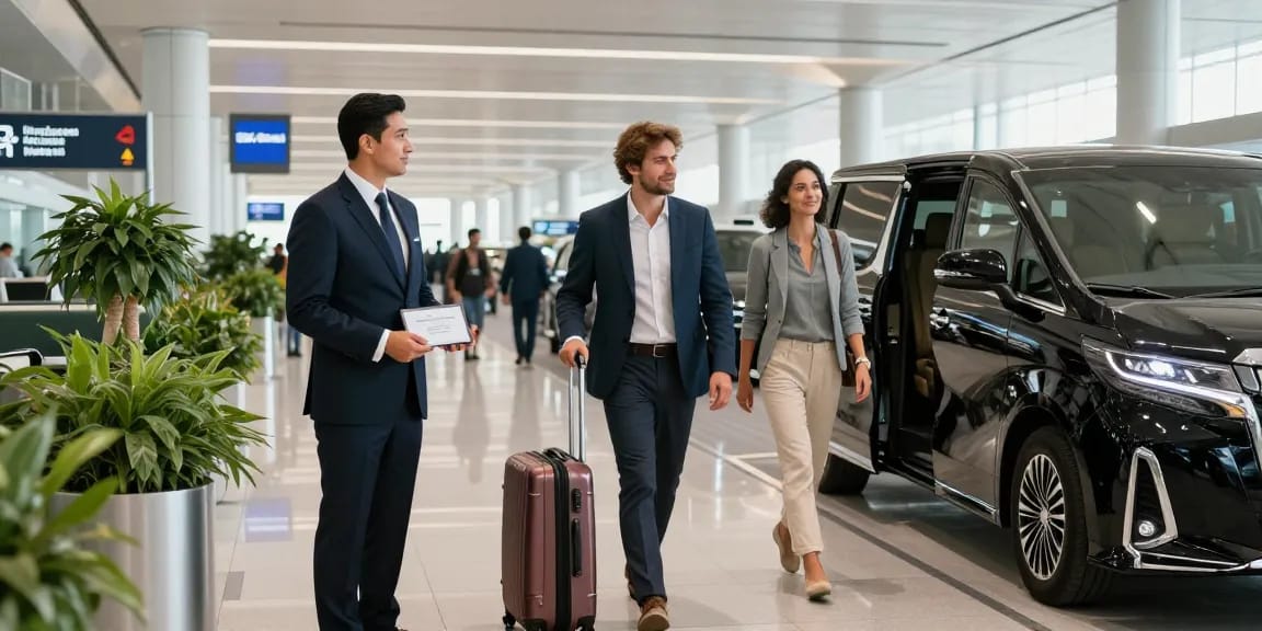 Airport Transfers Service Dubai with professional chauffeur greeting traveler at arrivals in luxurious terminal.