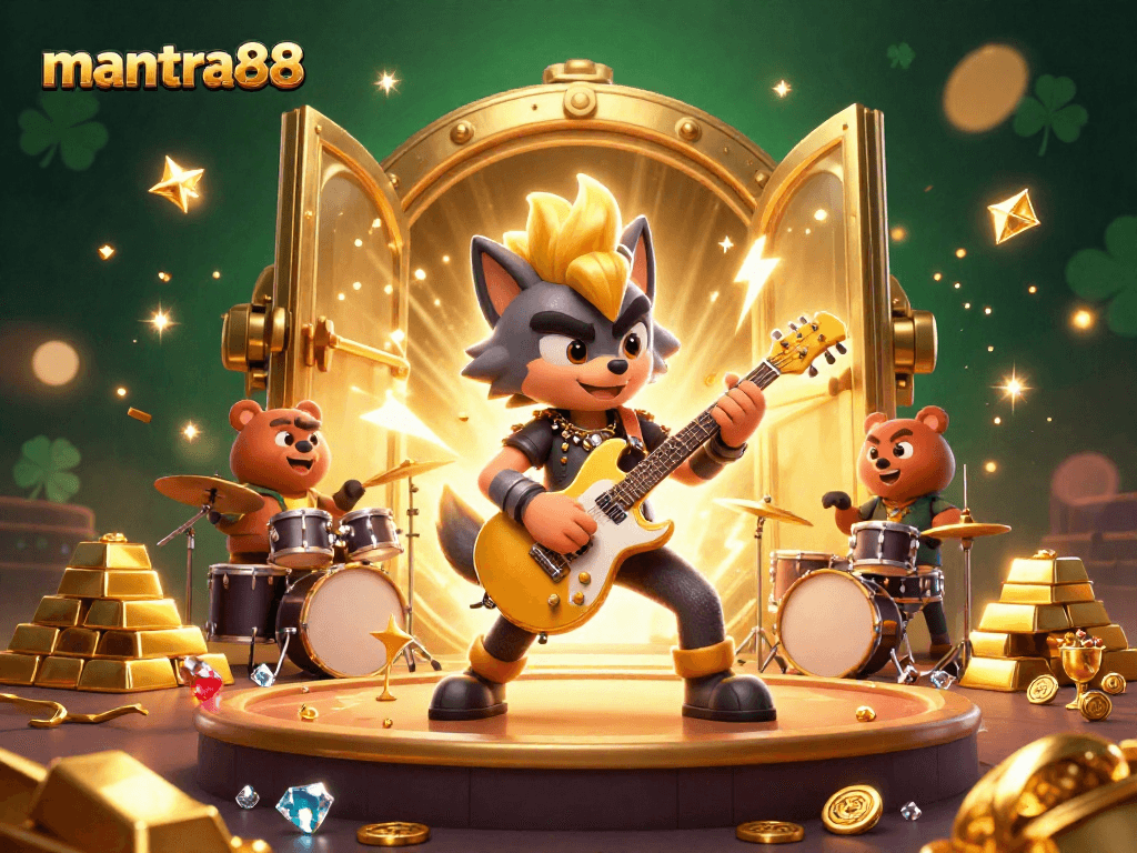 Experience the thrill with mantra88 as our rock star wolf takes the stage in a dazzling casino scene.