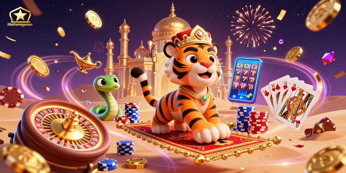 Engage with platformgames like never before in this vibrant Arabian Nights casino scene featuring a tiger sultan.