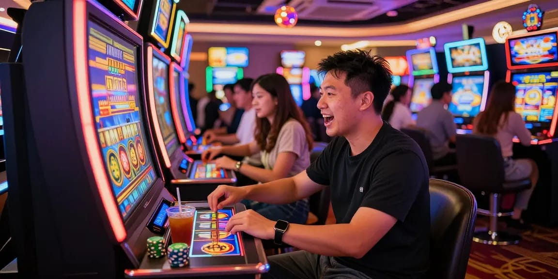 Exciting เกมสล็อต gaming moment in a vibrant casino setting filled with lights.