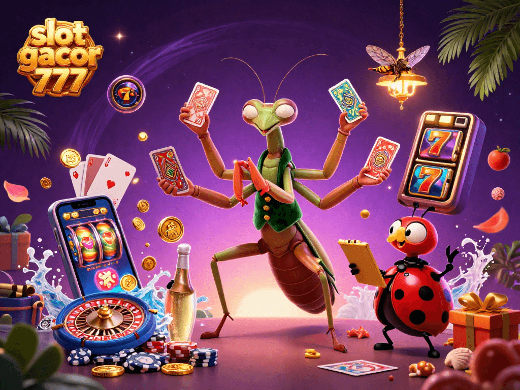 Engage with slot gacor 777 as a giant mantis deals cards and spins winning reels.