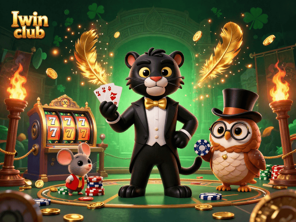 Iwin club's animated casino scene features a stylish black panther dealer, owl with poker chips, and lucky mouse for a vibrant gambling experience.