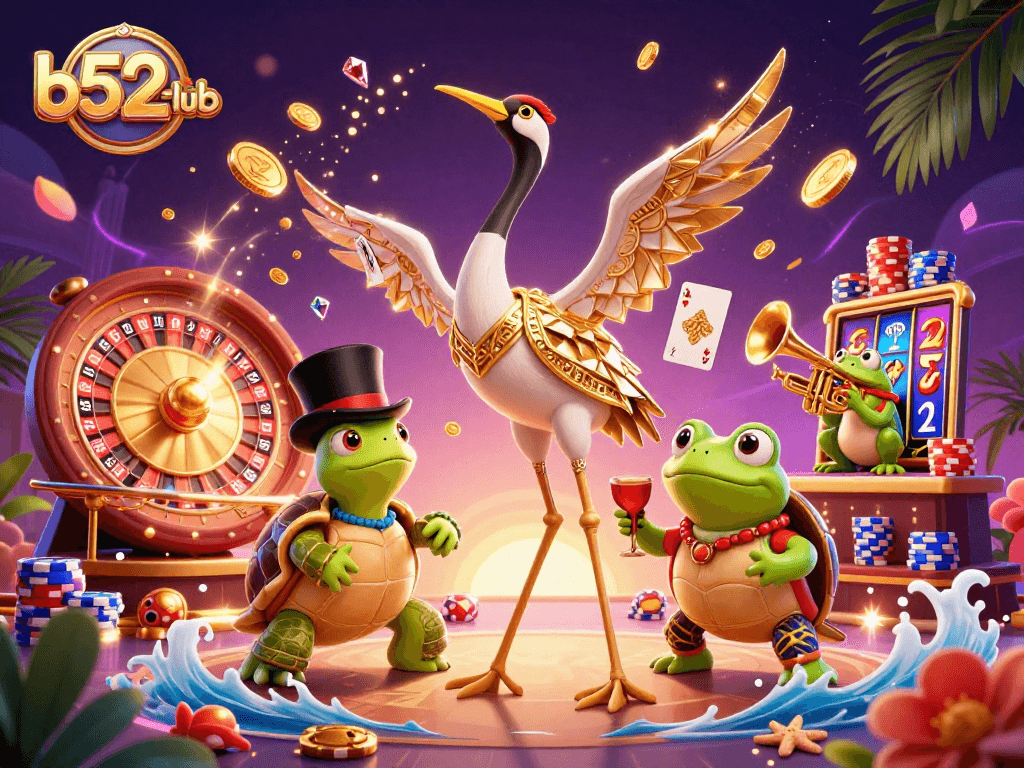 Experience the excitement of b52club with lively characters at a vibrant casino scene featuring a turtle and a frog.