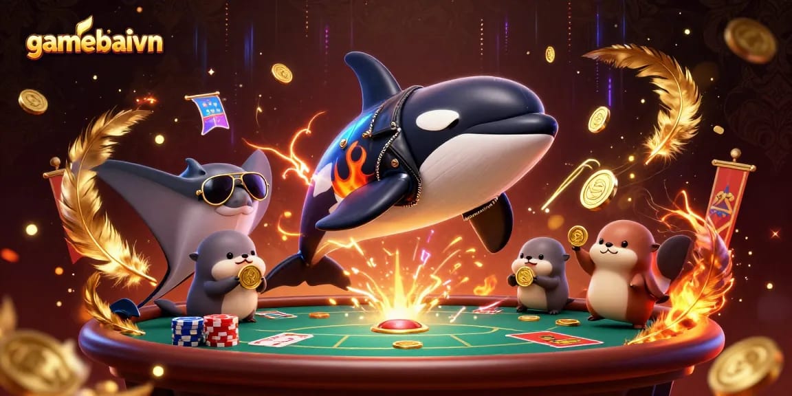 gamebaivn showcases a vibrant poker scene with cartoon characters winning big.