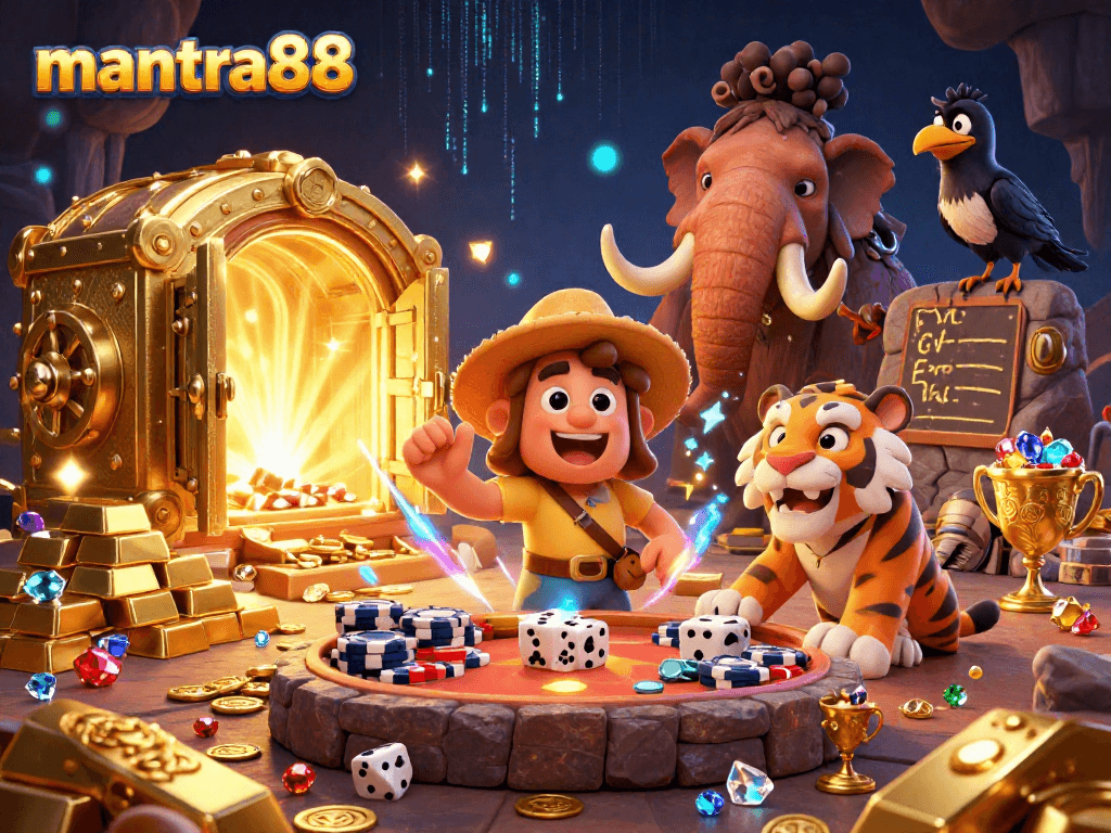 Experience the thrilling excitement at mantra88 with a vibrant prehistoric casino scene featuring cavemen and treasures.