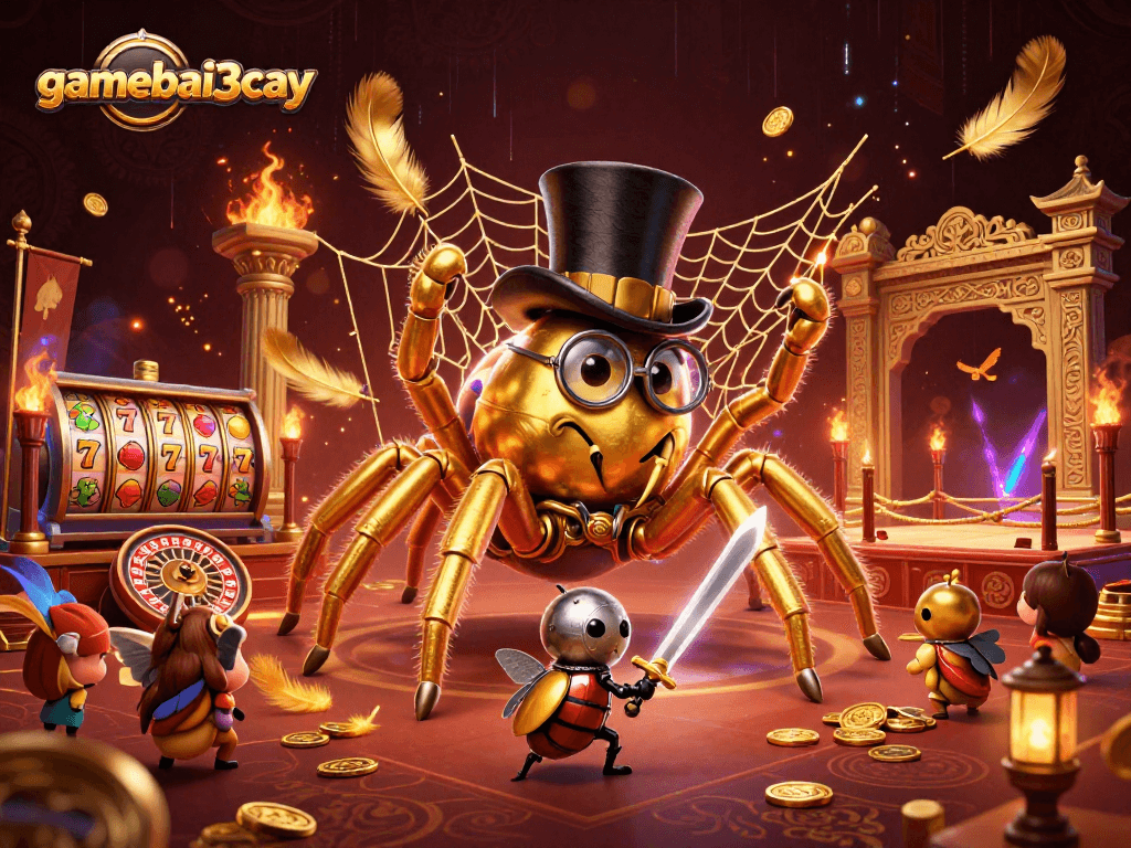 Experience the thrill of gamebai3cay with a dynamic casino scene featuring a giant tarantula, beetle knight, and neon elements.