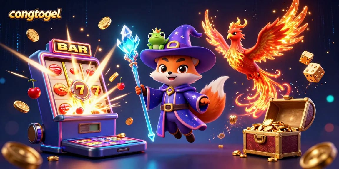 Experience the excitement of congtogel with a captivating 3D casino illustration featuring magical characters and dynamic game elements.