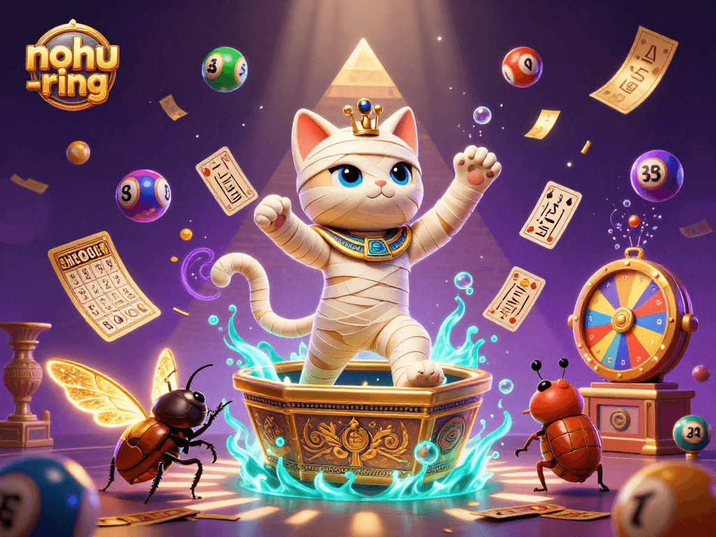 Engage with nohu-ring as the mummy cat bursts from its sarcophagus in a vibrant casino scene.