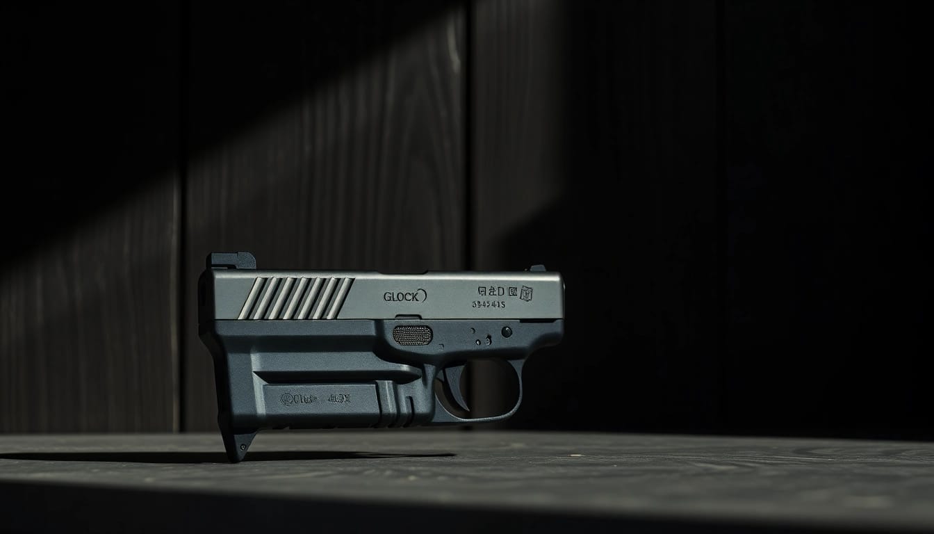 Highlighting the glock 43x slide with its sleek design and metallic finish in a close-up view.